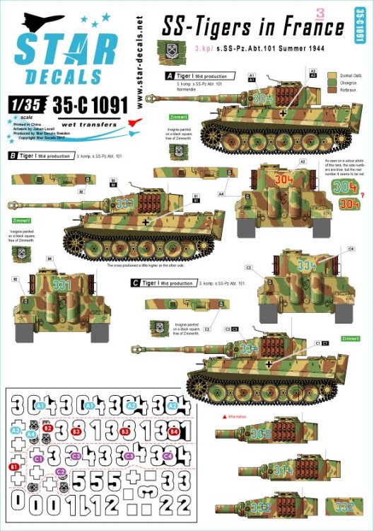 Star Decals 35-C1091 SS-Pz.Kpfw.VI Tigers in France # 3 3 Kompanie / s.SS.Pz-Abt 101, Normandie France Summer 1944 1/35