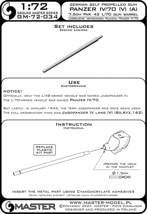Master (Pl) G72034 Panzer IV/70 (A) & (V) 7,5cm PaK 42 L/70 1/72