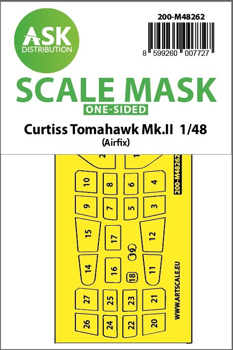 Art Scale 200-M48262 Curtiss Tomahawk Mk.II canopy frame paint mask (outside only) 1/48