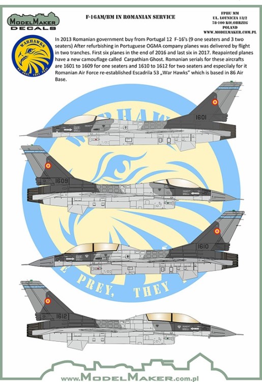 Model Maker Decals D72097 General-Dynamics F-16AM /BM in Romanian service 1/72