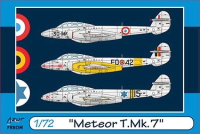 Frrom Azur FR0045 Gloster Meteor T Mk.7 with decals for Israel, Black 15 with Suez Yellow and Black stripes, January 1957, France, F9 coded 30-MY, 2/30 &quot;Camargue&quot; in 1953, Tours, Belgium, ED042 in 1958, Coxyde Fighter School 1/72