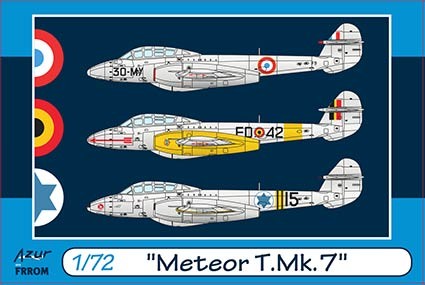 Frrom Azur FR0045 Gloster Meteor T Mk.7 with decals for Israel, Black 15 with Suez Yellow and Black stripes, January 1957, France, F9 coded 30-MY, 2/30 "Camargue" in 1953, Tours, Belgium, ED042 in 1958, Coxyde Fighter School 1/72