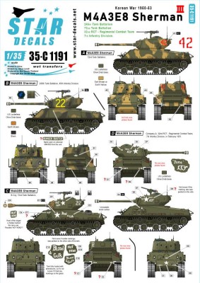 Star Decals 35-C1191 Korean War - US M4A3E8 Sherman # 3 M4A3E8 HVSS Easy Eight Sherman. 72nd Tank Bn, 245th Tank Bn, 32nd RCT - Regimental Combat Team, 7th Infantry Div 1/35