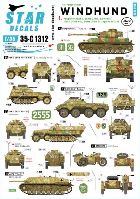 Star Decals 35-C1312 Windhund # 1.Pz.Kpfw.IV Ausf.J, Sd.Kfz.234/1, BMW R75,Sd.Kfz.250/9 neu, Sd.Kfz.251/1 D, Jagd-Pz IV L/48 1/35