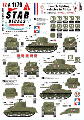 Star Decals 72-A1179 French M4A2 Sherman.French fighting vehicles in Africa # 4.6eme RCA, 12eme RCA in 1943-44 1/72