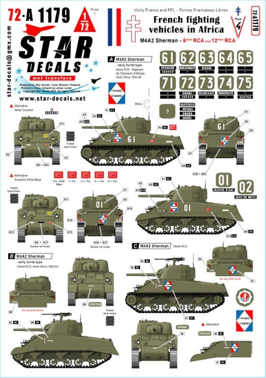 Star Decals 72-A1179 French M4A2 Sherman.French fighting vehicles in Africa # 4.6eme RCA, 12eme RCA in 1943-44 1/72