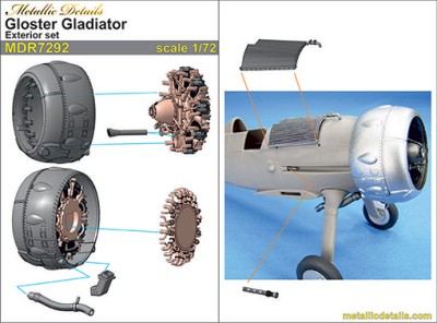 Metallic Details MDR7292 Gloster Gladiator exterior set. Cowling, engine, exhausts, radiator, wheels etc 3d-printed 1/72