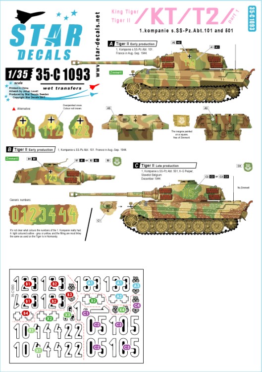Star Decals 35-C1093 Pz.Kpfw.VI King Tiger / Tiger II # 1 1 Kompanie s.SS.Pz-Abt 101/501, France and Belgium (the Bulge) 1/35