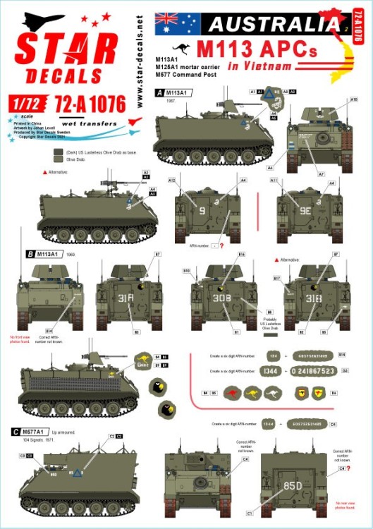Star Decals 72-A1076 Australia in Vietnam # 2.Aussie M113 APCs. M113A1, M125A1 and M577 Command Post 1/72