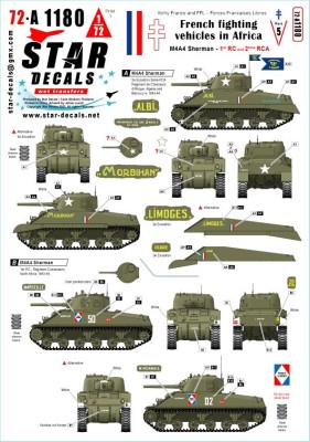 Star Decals 72-A1180 French M4A4 Sherman.French fighting vehicles in Africa # 5.1er RC, 2eme RCA. in 1943-44 1/72