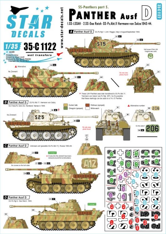 Star Decals 35-C1122 SS-Panthers # 6 Pz.Kpfw.V Ausf.D Panther D SS-LAH, Das Reich and H von Salza 1/35