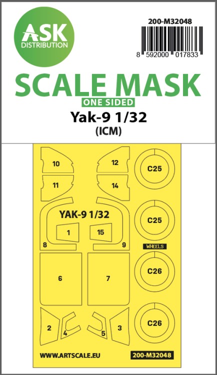 Art Scale 200-M32048 Yakovlev Yak-9 wheels and canopy frame paint masks (outside only) 1/32