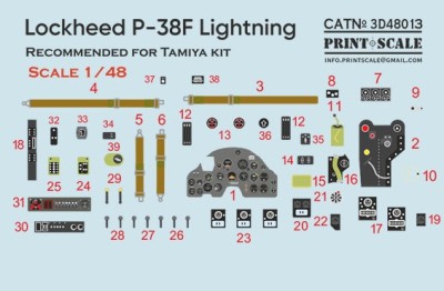 Print Scale 3D48013 Instrumental panel Lockheed P-38 Lightning (designed to be used with Tamiya kits) 1/48