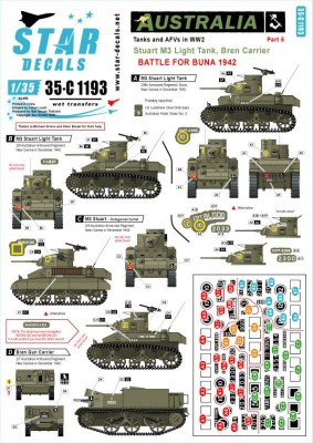 Star Decals 35-C1193 Australia Tanks &amp; AFVs # 5. Battle of Buna 1942. Stuart M3 Light Tank and Bren Carrier. 'CPT Kidd', 'CPT Blood', CPT Gore', 'Cabby', 'Berceuse', 'Bachilles' 1/35