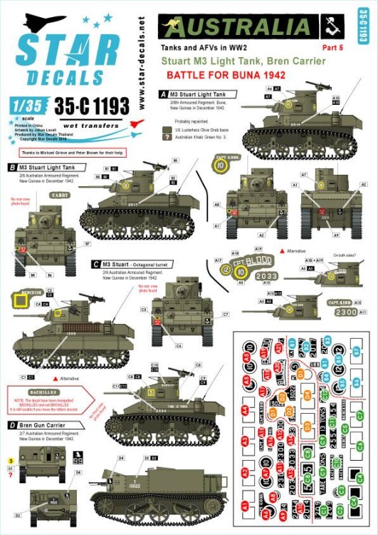 Star Decals 35-C1193 Australia Tanks & AFVs # 5. Battle of Buna 1942. Stuart M3 Light Tank and Bren Carrier. 'CPT Kidd', 'CPT Blood', CPT Gore', 'Cabby', 'Berceuse', 'Bachilles' 1/35