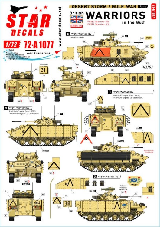 Star Decals 72-A1077 Desert Storm # 1.British Warriors in the Gulf 1990-91.FV510 Warrior ISV and FV511 Warrior ICV 1/72