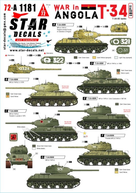 Star Decals 72-A1181 War in Angola # 1.T-34-85 tanks.MPLA/FAPLA in 1970-80s 1/72